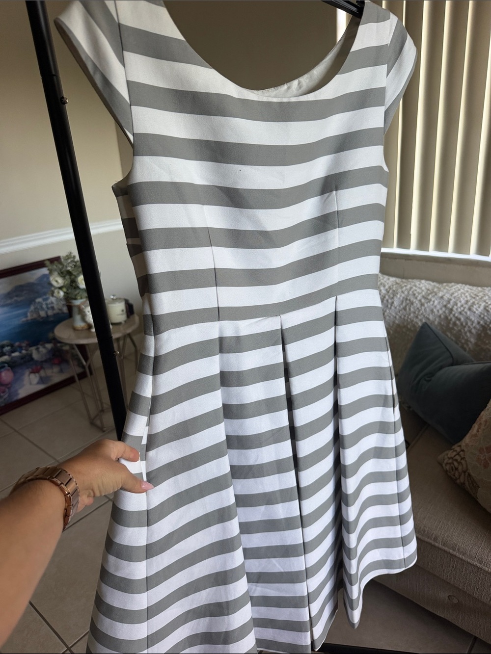 kate spade Gray & White Striped Jewel-Embellished Scoop Dress - Picture 5 of 8